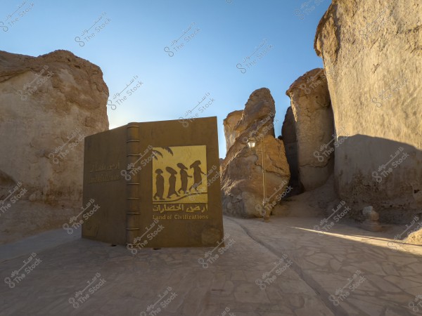 يظهر في الصورة مجسم على شكل كتاب كبير موضوع على طريق حجري, محاط بتشكيلات صخرية ضخمة في منطقة تبدو صحراوية. الكتاب مكتوب عليه "أرض الحضارات" باللغتين العربية والإنجليزية ويوجد عليه رسم لأشخاص في وضعية السير. السماء صافية وخالية من الغيوم.