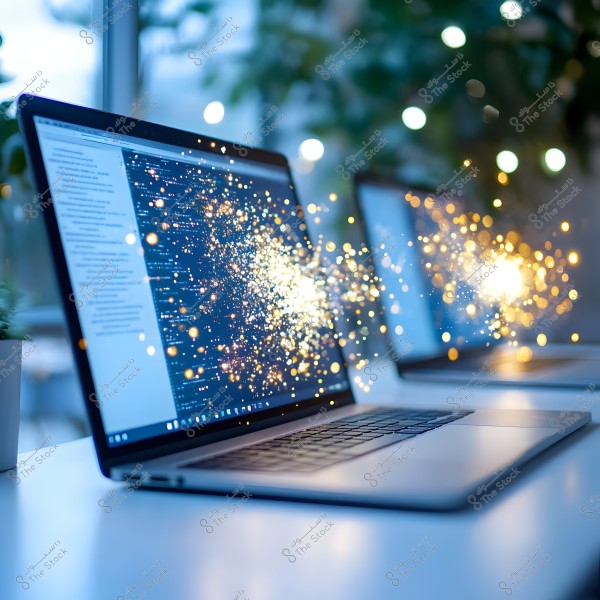 An image of an open laptop on a desk, with its screen displaying a technological interface showing code or text. There is a visual effect resembling sparks of light or energy emerging from the screen. The background includes a plant and a window, suggesting a modern workspace.