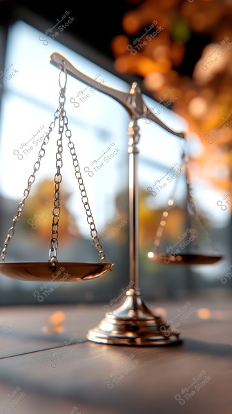 Image of a golden scale placed on a wooden surface. The golden pans are hanging from chains, and soft lighting reveals reflections on the polished metal surface. The background is blurred with warm colors, adding an aesthetic dimension to the image.