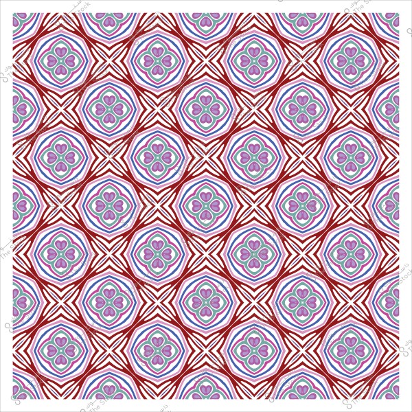 Repeated geometric pattern featuring floral shapes and interlocking lines in red, purple, and blue colors.