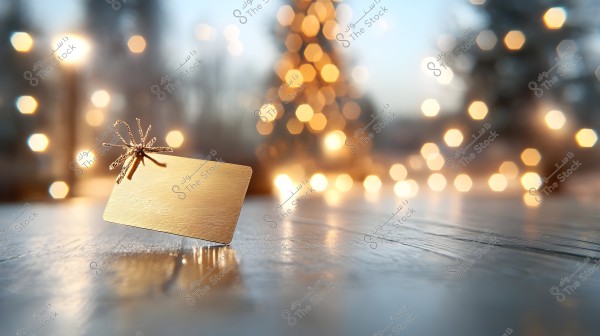** A golden gift card on a wooden surface with a stylish ribbon. In the background, there are blurred bokeh lights resembling Christmas tree lights.\r\n\r\n**