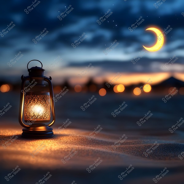 A lit lantern placed on desert sands in the evening. A crescent moon is illuminated in the dark sky along with some small stars. In the background, blurred distant lights add a magical effect to the scene.