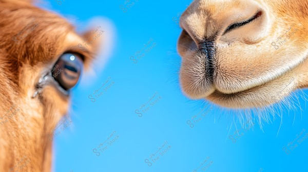 A close-up of a camel\'s face showing wide eyes on the left and large lips on the right, set against a bright blue background.
