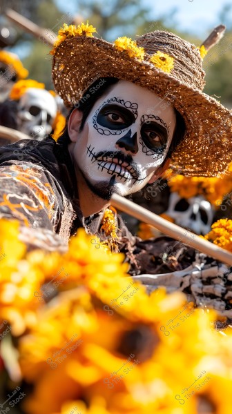 The image shows a person with face paint resembling a skull, wearing a straw hat adorned with yellow flowers. The individual appears to be participating in a celebration or festival, with bright marigold flowers seen in the foreground and background, reflecting the traditions of Día de los Muertos in Mexico. The person is dressed in colorful attire that complements the traditional costume.