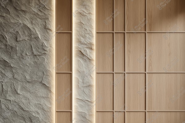 An interior wall with a modern design featuring a combination of wood and stone materials. The wooden panels show horizontal and vertical lines in a grid pattern, alongside a natural stone material with prominent, irregular textures. Soft lighting is subtly cast with hidden illumination between the panels.