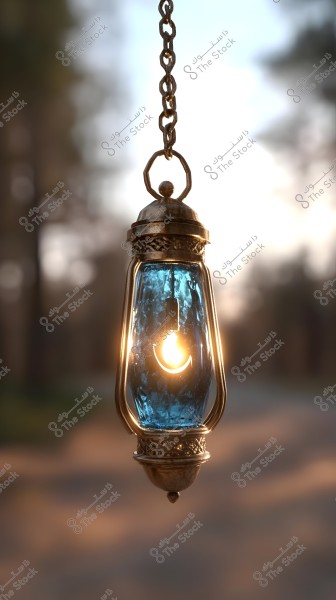 An antique lantern hanging by a metal chain, featuring transparent blue glass and bronze etchings. The lantern is illuminated with warm light emanating from within. The background is blurred, showing trees in a calm and subdued setting.