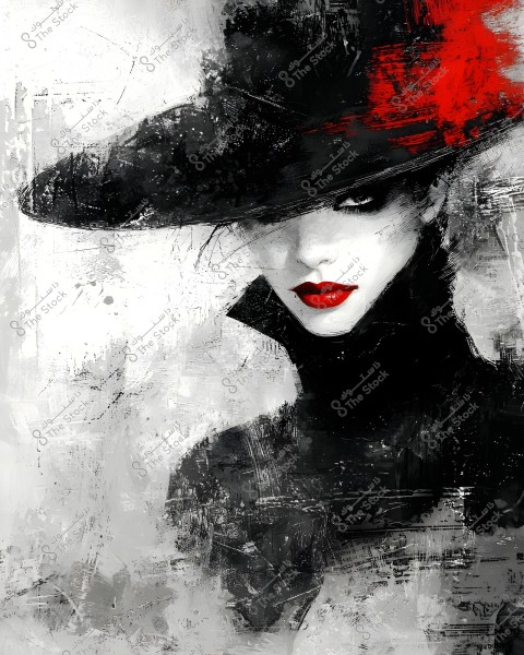 Artistic image of a woman wearing a large black hat with a red accent. Her facial features are in shadow with striking red lips and expressive eyes. The background has abstract touches in black and white, adding to the mysterious and dramatic atmosphere of the image.