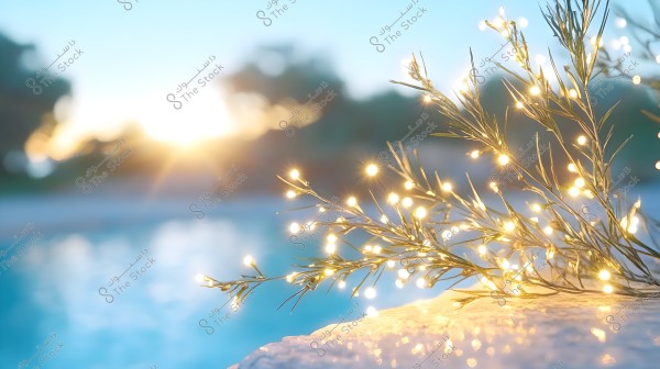 An image depicting a blurred background of a sunrise over blue water. In the foreground, there are branches adorned with small, glowing lights, adding a warm and vibrant feel.