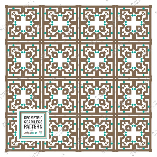 Geometric seamless pattern with brown and turquoise colors in a grid layout.