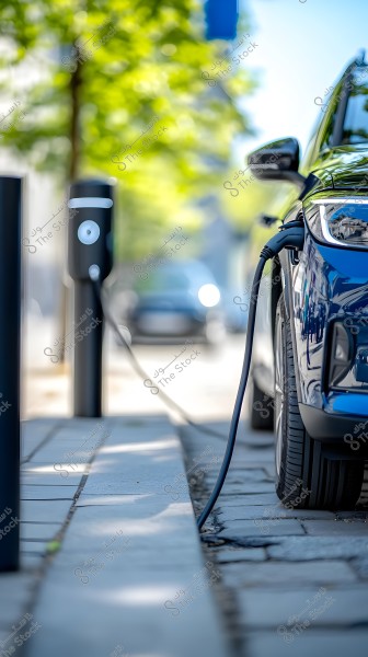 A blue car is connected to an electric charging station at the roadside. The cable is plugged into the car extending to the charging station. The background features some trees and blurred roads, suggesting a modern urban location in daylight.