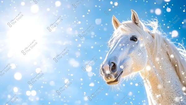 Image of a white horse under bright sunlight. The background features a blue sky with bubbles and sparkling lights, giving a magical feeling. The horse is shown with detailed white fur and black eyes.