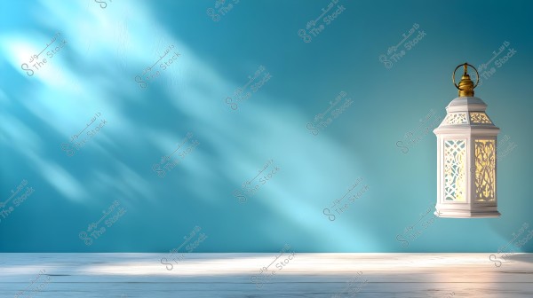 An image of a decorative lantern in white and gold, hanging against a blue wall. The lantern casts shadows on the wall, and the light reflects on a light-colored wooden surface below. The image conveys a calm and spiritual atmosphere.