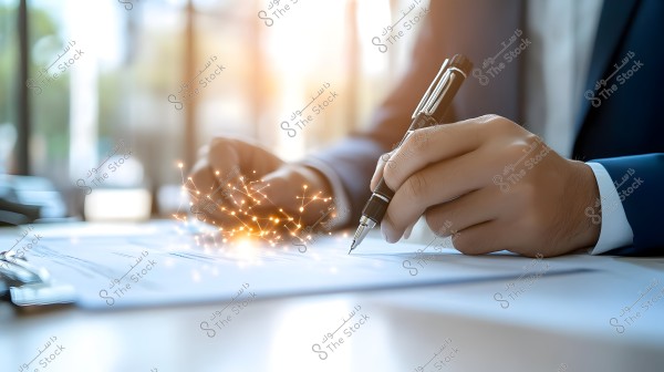 A photo of a man in a blue suit standing in a sunlit office, holding a pen and writing on a document. The image features bright graphical effects on the paper, giving an impression of modern technology.