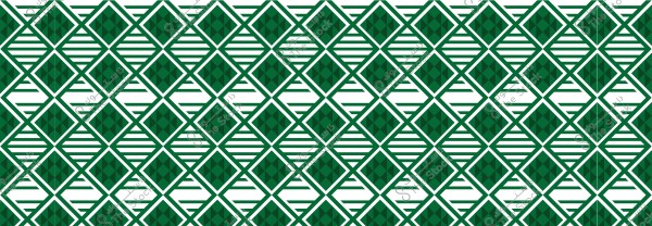 An intricate geometric pattern consisting of green and white diamond shapes. The shapes are repeated symmetrically across the background, with each diamond featuring triangular details and alternating horizontal lines.