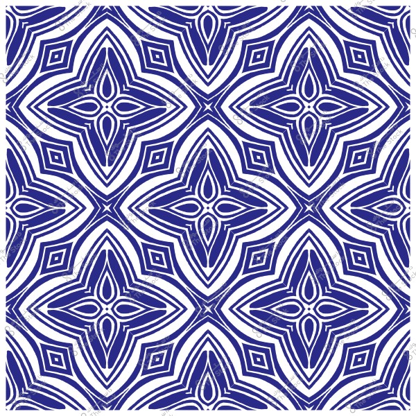 Blue repeating pattern with geometric shapes and overlapping motifs.