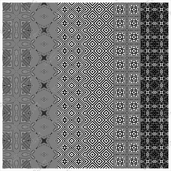 تصميم هندسي أبيض وأسود يتكون من ستة أنماط مختلفة, كل منها يتميز بأشكال هندسية وخطوط متداخلة.