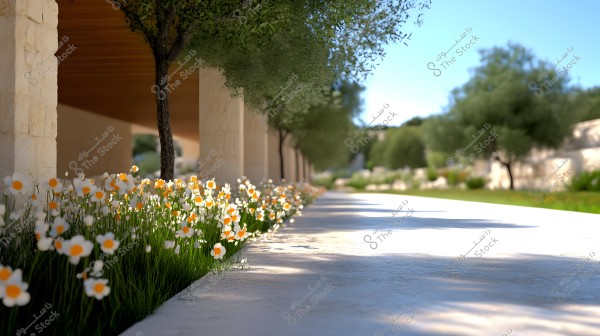 A beautiful pathway with orange and white flowers on the left side, complemented by lush trees. A stone wall appears in the background on the left, with shadows stretching across the sunlit path. Trees and green grass surround the area under a clear blue sky.