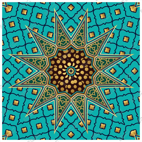 Islamic geometric design featuring an eight-pointed star pattern with golden details on a blue background.