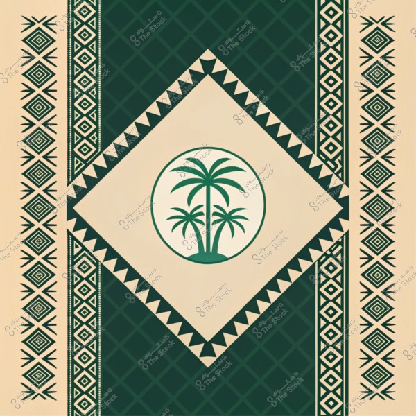 A graphic design featuring a green and beige geometric pattern. At the center of the design is a diamond shape containing palm trees within a circle. The ornamental pattern extends along the sides, consisting of lines and geometric shapes.