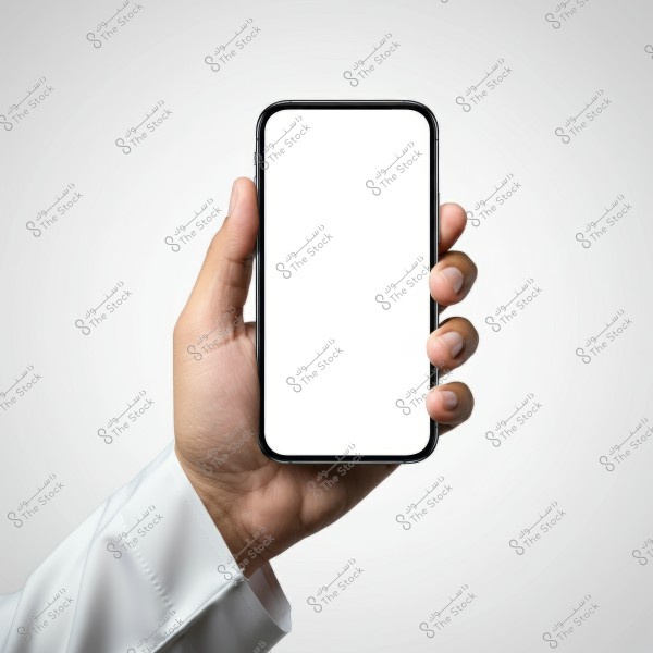 An image of a hand holding a smartphone with a blank white screen, wearing a long-sleeved white shirt against a simple gray background.