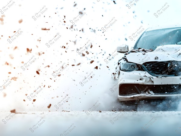 Image showing a white car crashing on the road, with debris scattered in the air. The car is severely damaged at the front, causing small metal and glass pieces to fly around.
