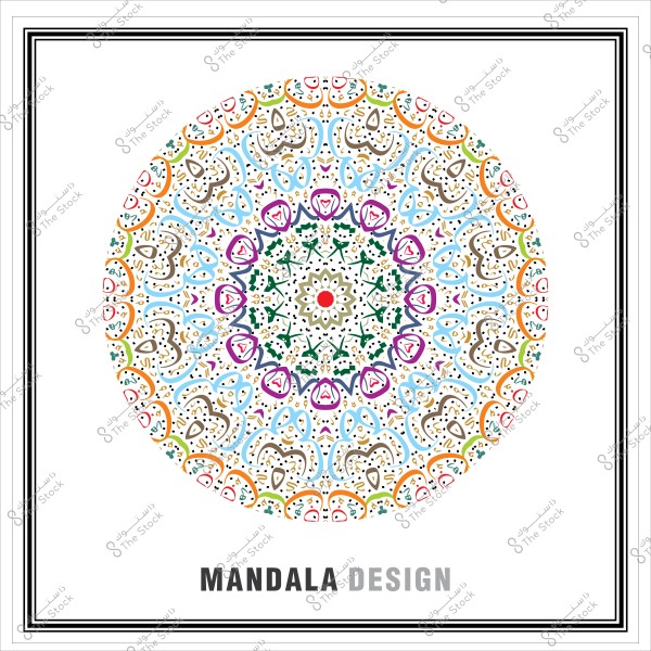 تصميم ماندالا ملون مع أنماط هندسية وزخرفية داخل إطار مربع.