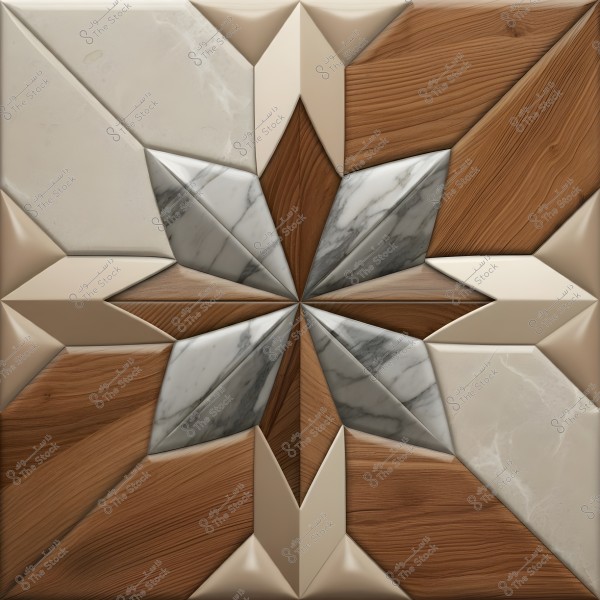 An artistic design featuring a geometric pattern composed of interlocking pentagon shapes. The shapes are made from diverse materials like wood and tile in brown, beige, white, and gray colors. The pattern incorporates elements blending wooden texture with a marble-like appearance, creating a sense of depth and precision.