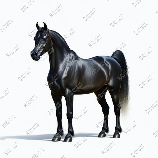 An image of a black horse with a shiny appearance standing sideways against a white background. The horse displays a strong body with a glossy coat, a beautifully flowing tail, and detailed facial features with upright ears.
