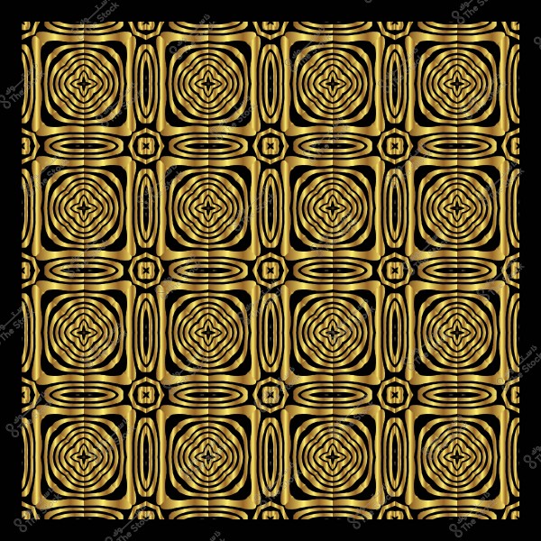نمط هندسي متكرر باللونين الذهبي والأسود مع أشكال دائرية ومربعة متداخلة.