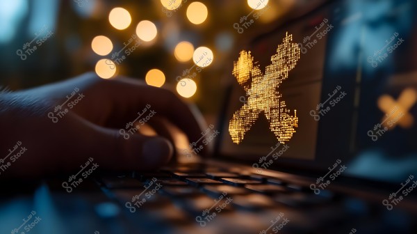 A hand typing on a laptop keyboard, with digital art or graphics displayed on the screen. The background features a blurred bokeh light effect.