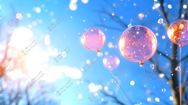 Image of several transparent balloons, shimmering with pink and golden hues, floating in a clear, bright blue sky illuminated by sunlight. Some scattered bubbles are visible around the balloons along with faint tree branches in the background.