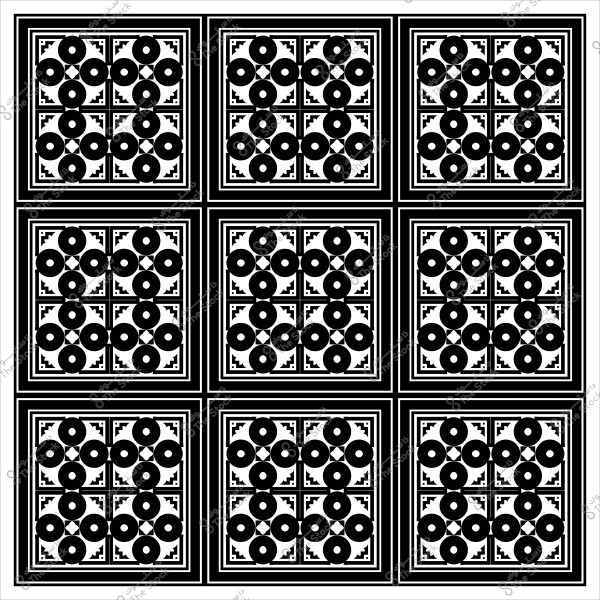 نمط هندسي باللونين الأسود والأبيض يظهر تصميمًا مكررًا يتكون من دوائر وأنماط مربعة.