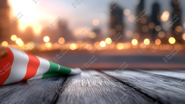 The image shows a flag with green, white, and red colors placed on a wooden surface. The background features blurred city lights with a sunset, creating a warm and elegant atmosphere.