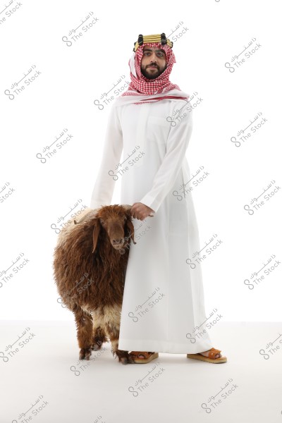 A portrait of a man standing and smiling, dressed in traditional white Arabian attire with a red checkered headscarf and a black agal. Beside him is a brown sheep with thick wool. The background is plain white, directing full attention to the man and the sheep.