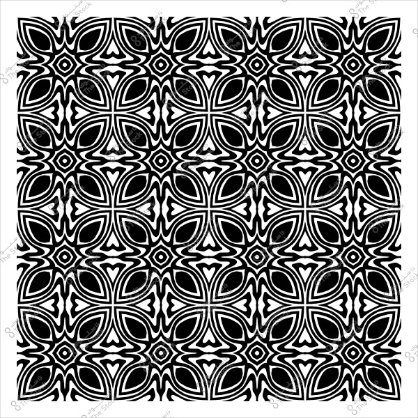 تصميم نمط أبيض وأسود معقد يتميز بأشكال هندسية متداخلة وزخارف متكررة.