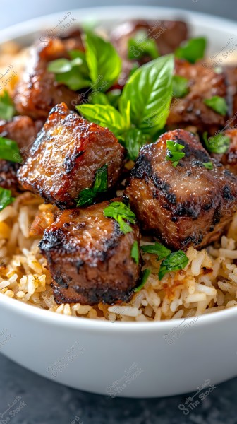 A dish featuring grilled meat cubes placed over brown rice, garnished with fresh green leaves like parsley and basil. The meat appears tender and well-seasoned, with an appealing grilled appearance that enhances its appetizing look.