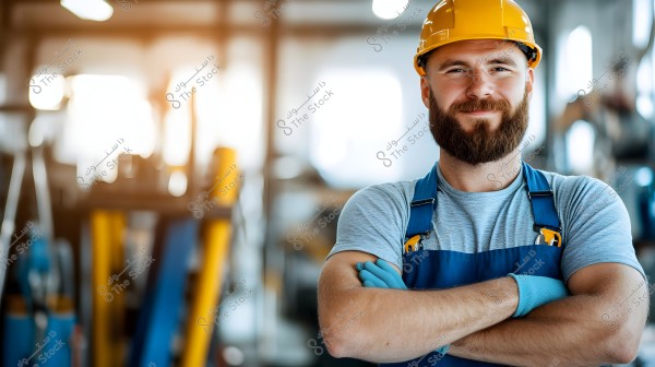 Image showing a construction worker in a workshop. The worker is wearing a yellow safety helmet, a grey shirt under blue overalls, and blue gloves. He stands smiling with folded arms. The background contains blurred work equipment.