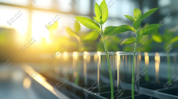 Image of a group of green plants growing in glass test tubes inside a laboratory. The plant leaves appear green and vibrant under the sunlight streaming through the large windows in the background, creating an atmosphere of innovation and scientific research.