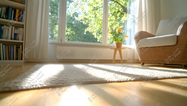A bright living room featuring a comfortable rattan chair with a white cushion, and a wooden side table holding a potted plant with yellow flowers. There is a soft white rug on the wooden floor, next to large windows that allow daylight to stream in. A bookshelf filled with various books is visible to the side.