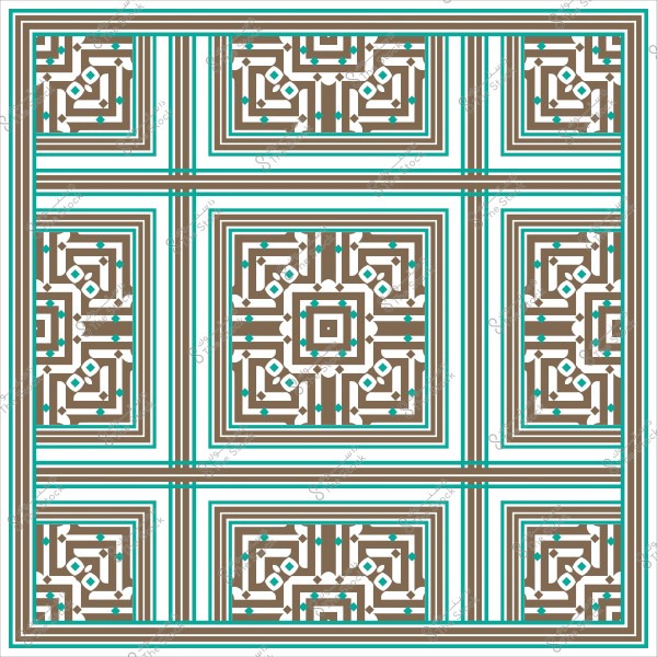 نمط هندسي بزخارف متكررة بألوان بنية وبيضاء وزرقاء على خلفية بيضاء.