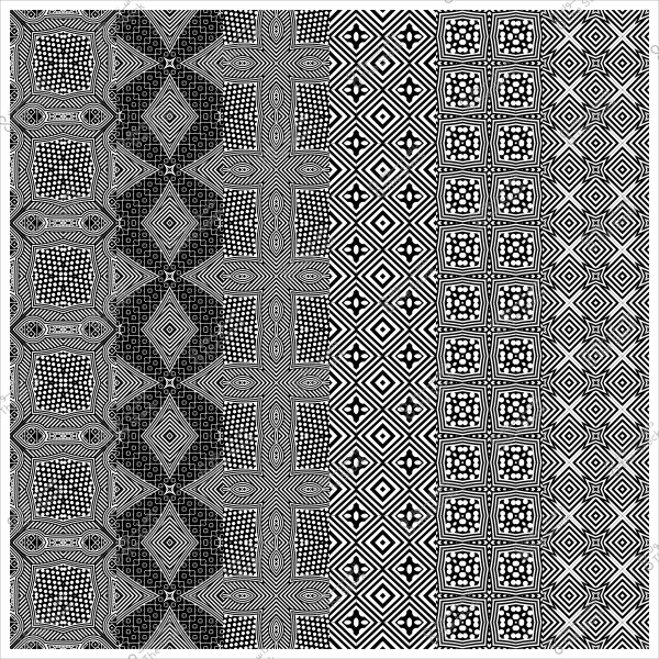 نمط أبيض وأسود بتصميمات هندسية متكررة من المربعات والأشكال الماسية المختلفة.