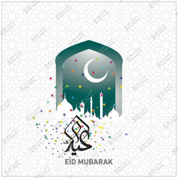 تصميم تهنئة بعيد الفطر يظهر هلالًا فوق خلفية زخرفية ومعالم إسلامية تتضمن مساجد ومآذن, مع كتابة \"عيد مبارك\".