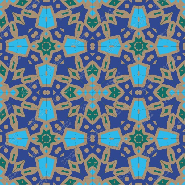 Decorative pattern with blue, brown, and green colors in a geometric repeating design.