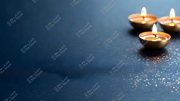 Three lit candles placed in small golden bowls on a dark blue surface with scattered sparkling specks around them, creating a serene and warm ambiance.