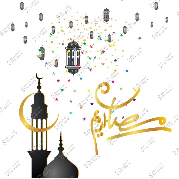 تصميم يحتوي على هلال ومئذنة مع فوانيس باللون الذهبي وكلمات "عيد سعيد" محاطة بنجوم ملونة.