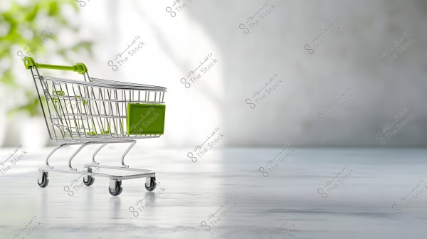 An empty metal shopping cart with a green handle and components, placed on a smooth floor in an indoor setting with natural lighting. The focus is on the left side of the cart with a blurred background featuring indistinct plants.