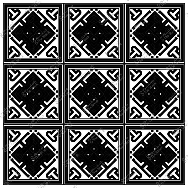 نمط بلاط مزخرف باللونين الأسود والأبيض بتصميم هندسي متكرر داخل شبكة مربعات.