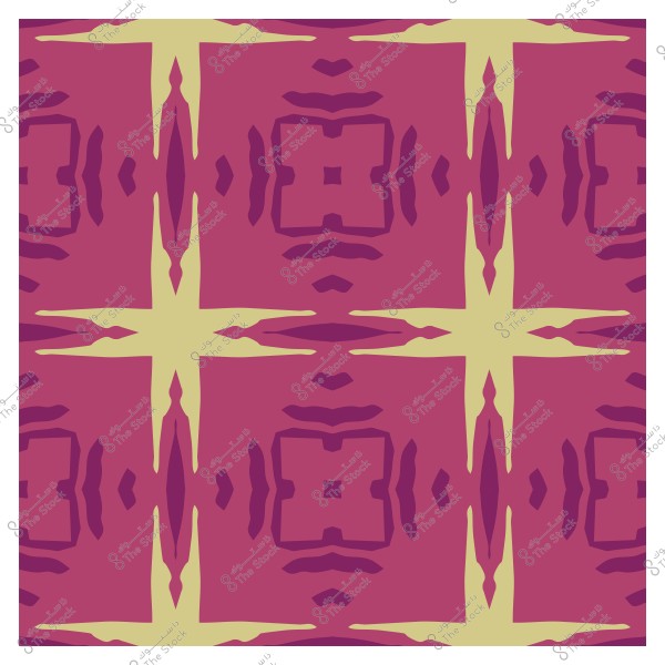 نمط تجريدي متماثل بألوان أرجوانية وخضراء على خلفية وردية.