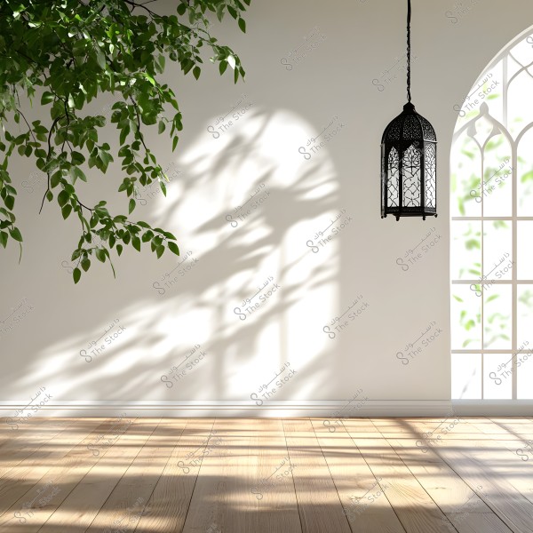 An image of a bright room with a wooden floor and white wall, featuring shadows of leaves from a window. Green tree branches hang from the top left corner. A metal lantern with traditional Arabic design hangs on the right side. The arched window adds an aesthetic element to the decor.