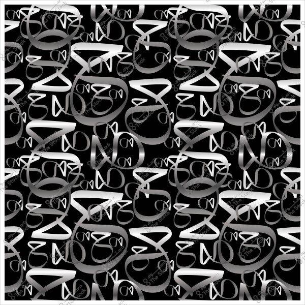 صورة نمطية مزخرفة تظهر أشكال هندسية ثلاثية الأبعاد ومتداخلة بلون فضي على خلفية سوداء.